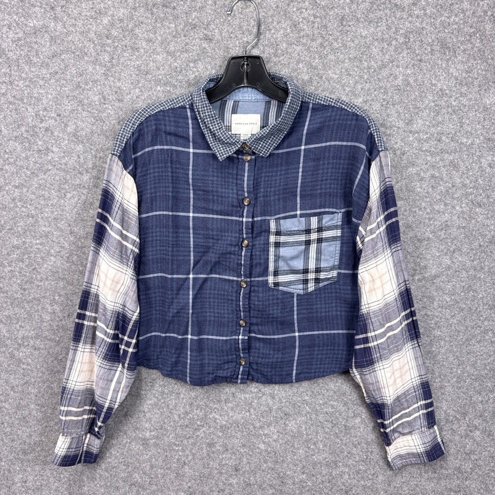 American Eagle Blue Mixed Plaid Cropped Button Down Shirt Womens M Patchwork
